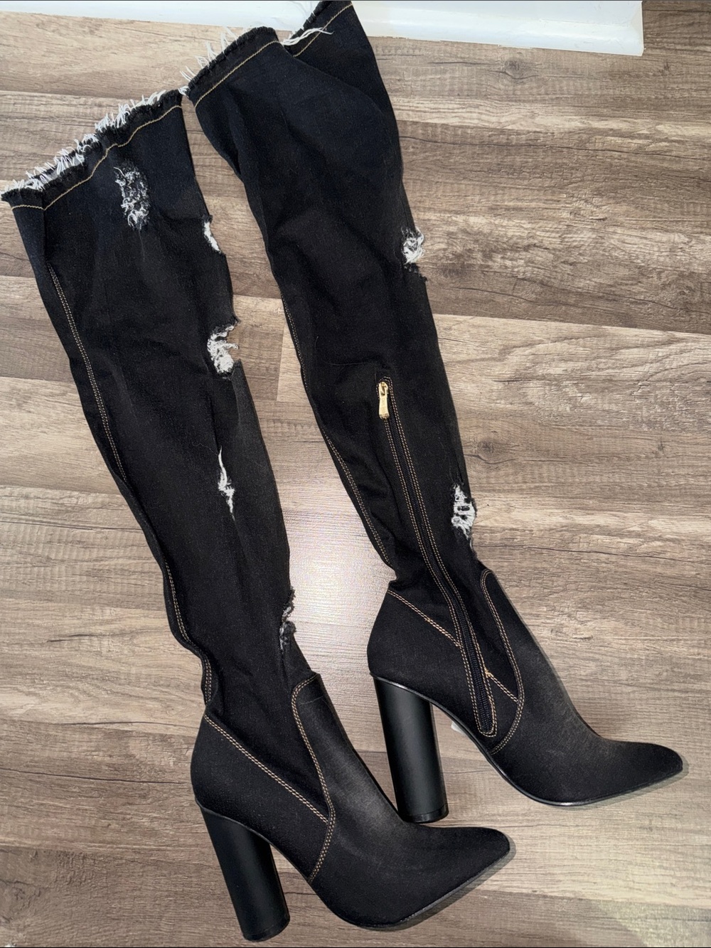 Cape Robbin Black Distressed Denim-Like Over-the-Knee Chunky Heel Boots